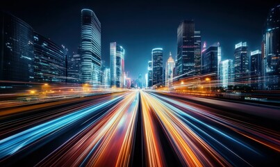 Fototapeta premium Dramatic futuristic cityscape with vibrant light trails and towering buildings under a starry night sky.