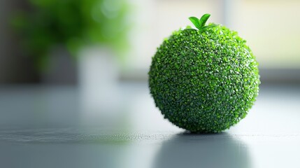 A green, textured sphere resembling a plant, symbolizing nature and sustainability.