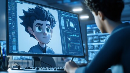 Young boy examining digital character model on computer screen