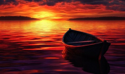 Dramatic sunset with deep orange and purple hues reflecting on the water, a silhouette of a boat drifting peacefully