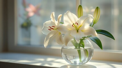 still life of white lilies in vase with copy space