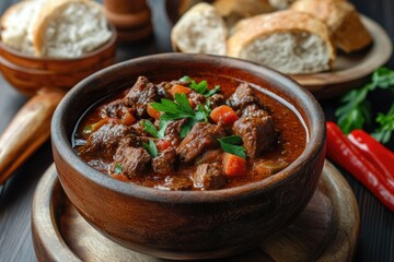 Savory Goulash: Hearty Beef Stew Served in a Rustic Bowl with Fresh Bread and a Touch of Chili