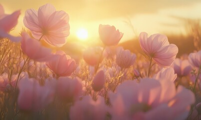 Obraz premium Dreamy pink cosmos flowers in soft focus under golden sunset light, radiating tranquility and the fleeting beauty of nature