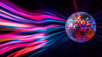 Shimmering Disco Ball Surrounded by Colorful Light Trails