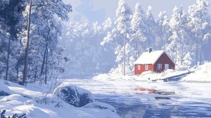 Fototapeta premium Red Cabin Winter Wonderland Snowy Forest Scene