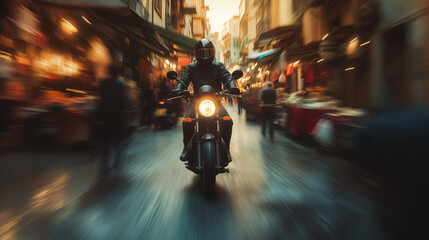 Fototapeta premium Motorcyclist Cruising Through an Old Town Street, with a Blurred Backdrop of Historical Buildings and Bustling Market Stalls