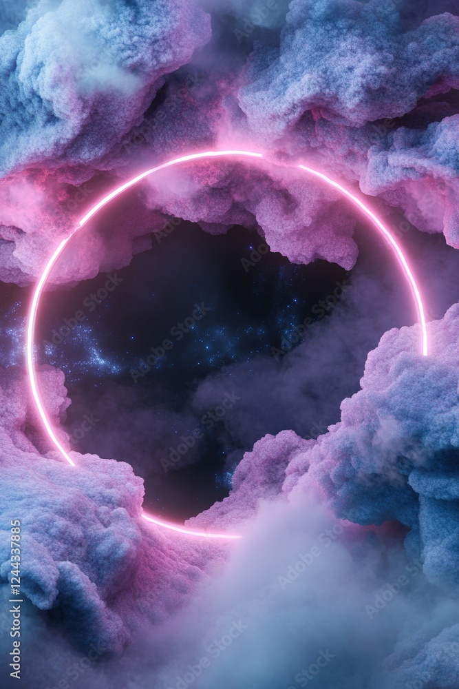 Poster electric blue and ultraviolet waves undulate with glowing edges, creating a captivating frame around