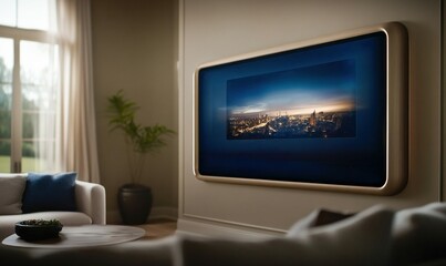 Fototapeta premium Elegant Living Room with Classic Furniture and Wall-Mounted Smart Screen. Generative ai