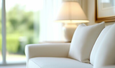 Elegant White Sofa with Cushions and Soft Lighting. Generative ai