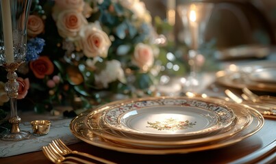 Elegant table setting with gold-rimmed plates, fresh floral decor, and soft candlelight, styled for a luxurious evening dining experience