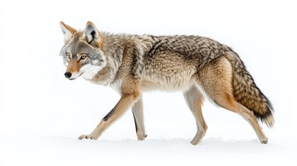 Fototapeta premium Solitary Coyote Trotting Through Winter Snow in Canada, Embracing Nature's Cold Beauty