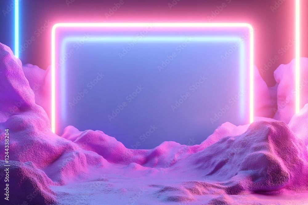 Poster vibrant neon waves in electric blue and ultraviolet fill the background. glowing edges define an emp