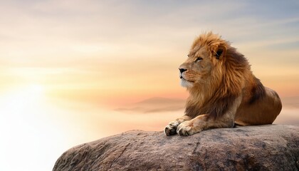 Majestic Lion Perched Upon a Rocky Outcrop at Sunset, Overlooking His Territory with Regal Grandeur