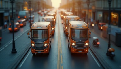 Fototapeta premium A city street lined with buses and lit by the warm colors of the sunset, with a soft focus on the vehicles.