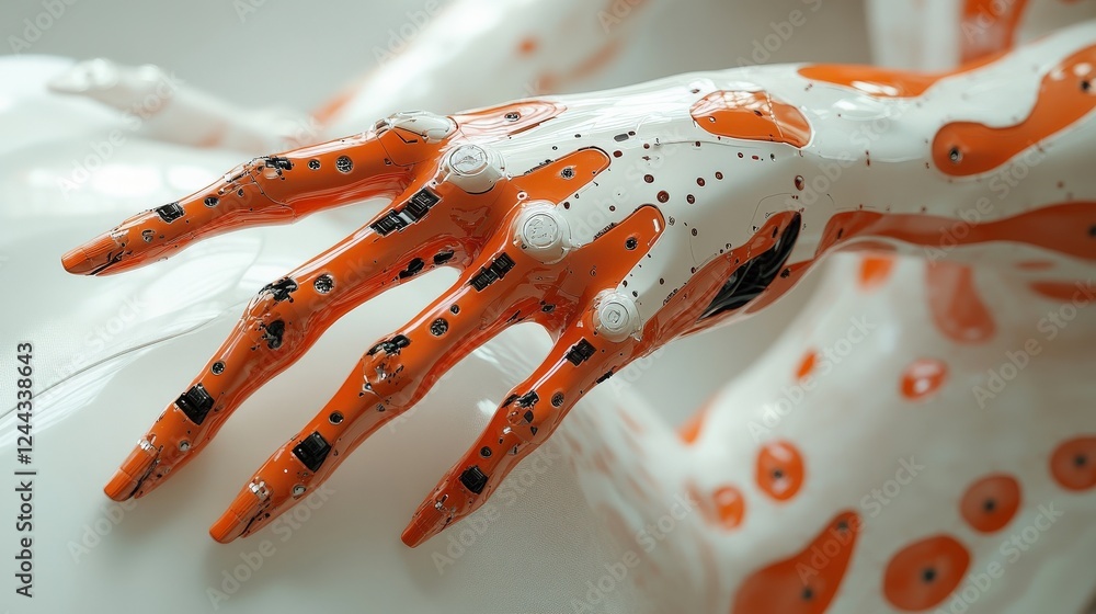 Aufkleber close-up view of a futuristic robotic hand with intricate designs and circuitry on a soft background