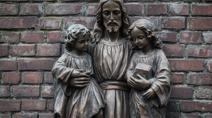 Obraz premium Bronze Statue of Jesus with Children Amidst Brick Cemetery Wall - A Touching Tribute to Faith