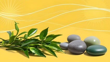 calming yellow background with energy flow lines and tea stems for peace