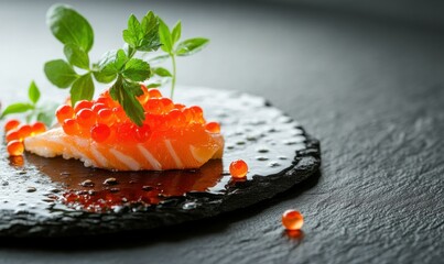 Exquisite sushi presentation with vibrant salmon roe and fresh garnish on a black slate at a high-end restaurant