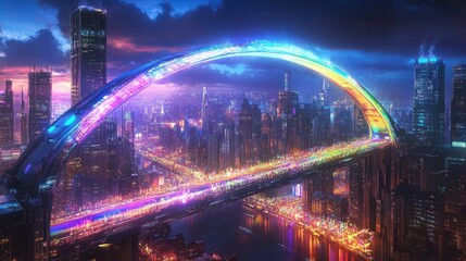 Vibrant Cityscape at Night with Colorful Rainbow Bridge Illuminations