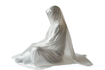 Contemplative figure enveloped in plastic studio artistic expression isolated on transparent background