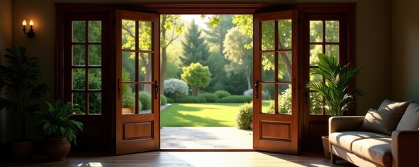 Pair of dark wood French doors opening to a patio, home improvement, interior design