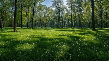 Obraz premium Sunlit Meadow Amongst Tall Green Trees