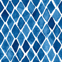 Hand painted watercolor rhombuses background in blue. Seamless vector pattern
