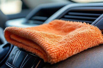 Wiping dust off a car dashboard with a microfiber cloth in high definition. Generative AI