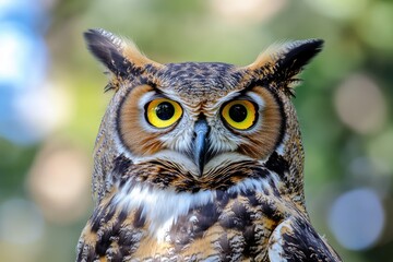 Fototapeta premium Majestic Great Horned Owl Perched in Nature: A Stunning Representation of Avian Beauty and Carnivorous Grace