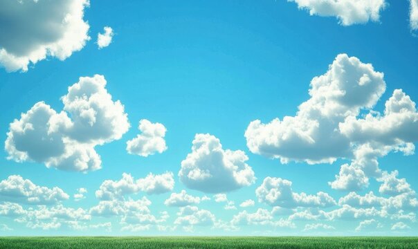 Fluffy white clouds rolling across a brilliant blue sky, viewed over a calm rural field for a tranquil and uplifting landscape