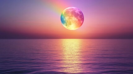 Beautiful Colorful Moon Over Calm Ocean at Sunset Horizon