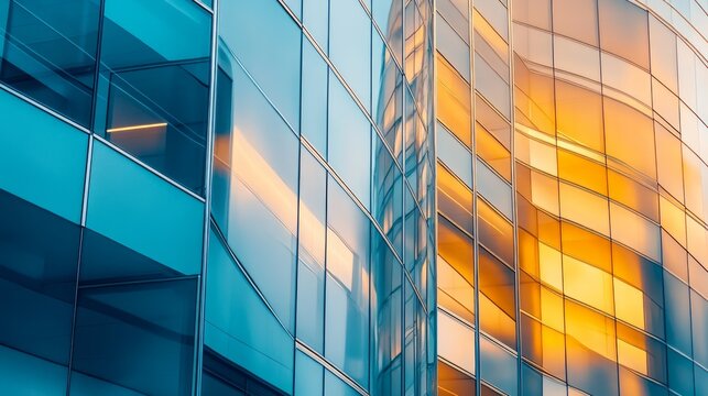 Modern Glass Building Facade with Colorful Reflections at Sunset