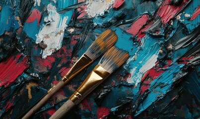 Obraz premium Paintbrushes and acrylic paints on a textured surface image