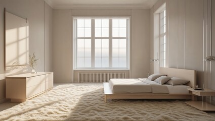A bedroom with simple furnishings, a neutral color palette, and uncluttered space, emphasizing minimalist design