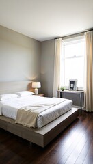 A bedroom with simple furnishings, a neutral color palette, and uncluttered space, emphasizing minimalist design