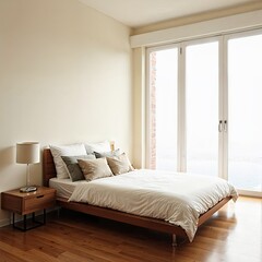 A bedroom with simple furnishings, a neutral color palette, and uncluttered space, emphasizing minimalist design
