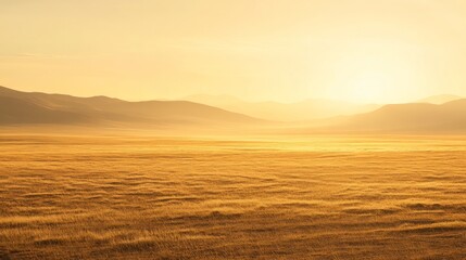 Serene Sunrise Over Golden Grasslands with Soft Warm Light