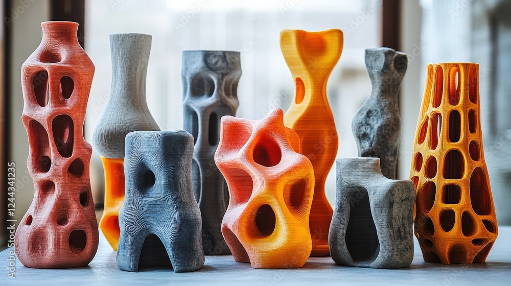Poster colorful abstract vases in various shapes and sizes displayed on a table with natural light