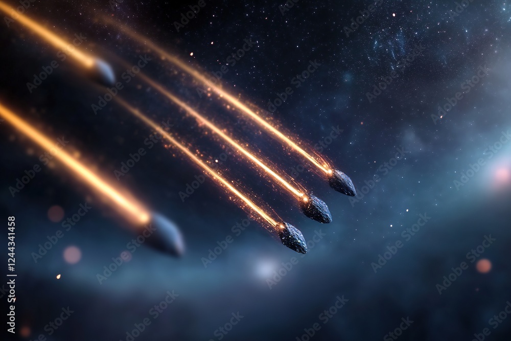 Poster minimalist meteor trails glide across a deep-space setting, their fading light trails creating divis