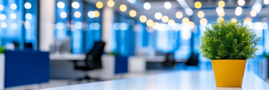 Office Plant on Modern Desk - A small green plant in a yellow pot sits on a white desk in a modern, bright office setting.  The background is blurred, showing blue office furniture and windows.