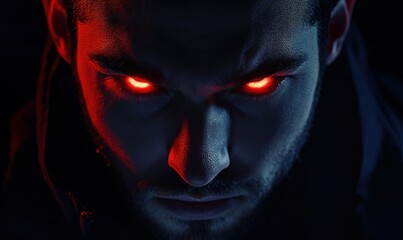 Portrait of a man with red, glowing eyes, his face partially shadowed, evoking mystery and otherworldly intrigue.