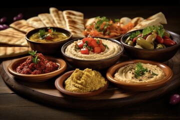 Mezze Madness: Antipasto Platter with Hummus and Olive, Pita Bread and Samosa, Tomato, Aubergine with Lip-smacking Middle-Eastern Sauce