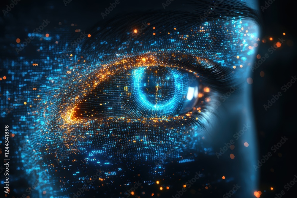 Poster a futuristic eye composed of digital patterns and glowing elements.