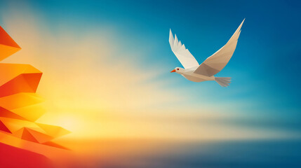 Peaceful Dove at Sunrise - A white dove in flight against a vibrant sunrise, symbolizing peace and hope.  Low poly style.