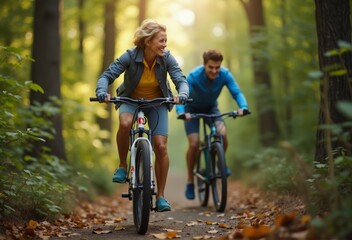 Naklejka premium A woman rides her bike along a forest trail, surrounded by trees and sunlight filtering through the leaves. The scene reflects adventure, nature, and the joy of outdoor activities.