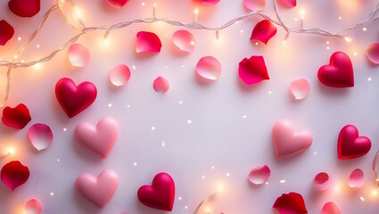 Obraz premium Red and pink hearts, rose petals, fairy lights, and a soft Valentine's Day background