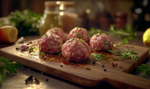 Juicy meatballs rolled to perfection, placed on a wooden cutting board with fresh herbs and spices for a rustic kitchen vibe