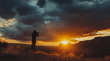 Obraz premium Photographer Capturing Stunning Sunset Over Dramatic Landscape Scene