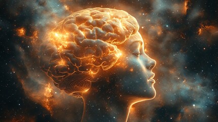 Obraz premium Cosmic Mind: A Serene, Glowing Brain in a Starry Nebula