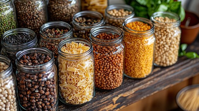 Variety of pantry staples in glass jars on wooden shelf, fresh herbs in background